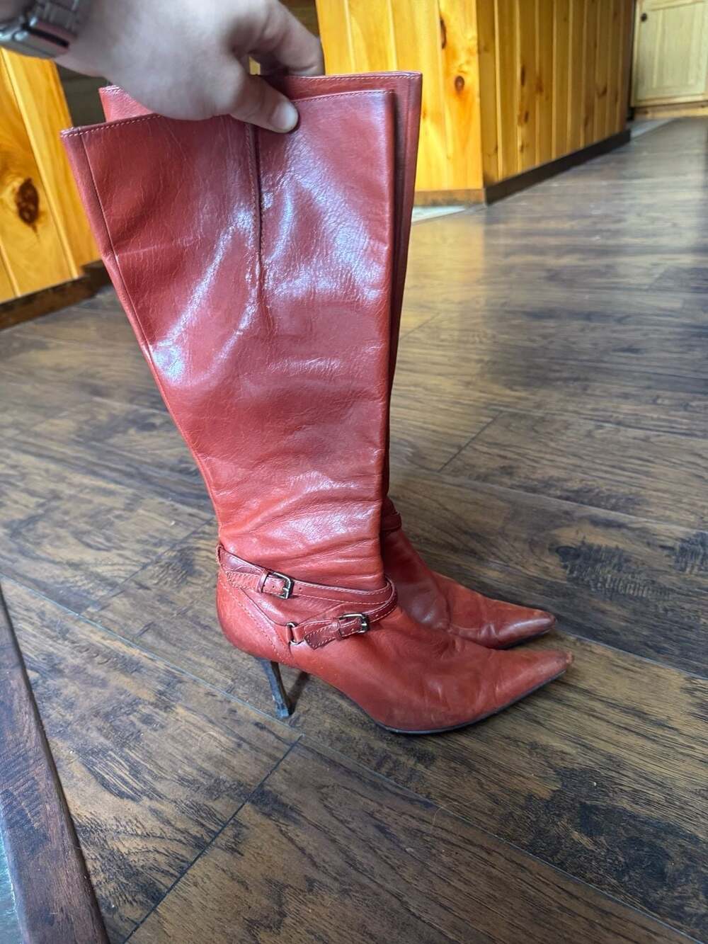 Idociao Red Leather Pointed Toe Knee High Boots Size 7M